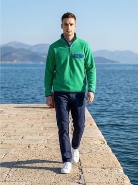 Polo Ralph Lauren men's half-zip fleece pullover in green with blue trim